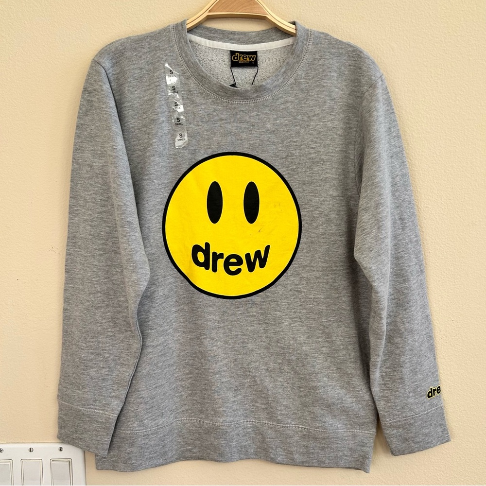 Drew House Signature Happy Face Sweatshirt Grey Small Crew Neckline Yellow